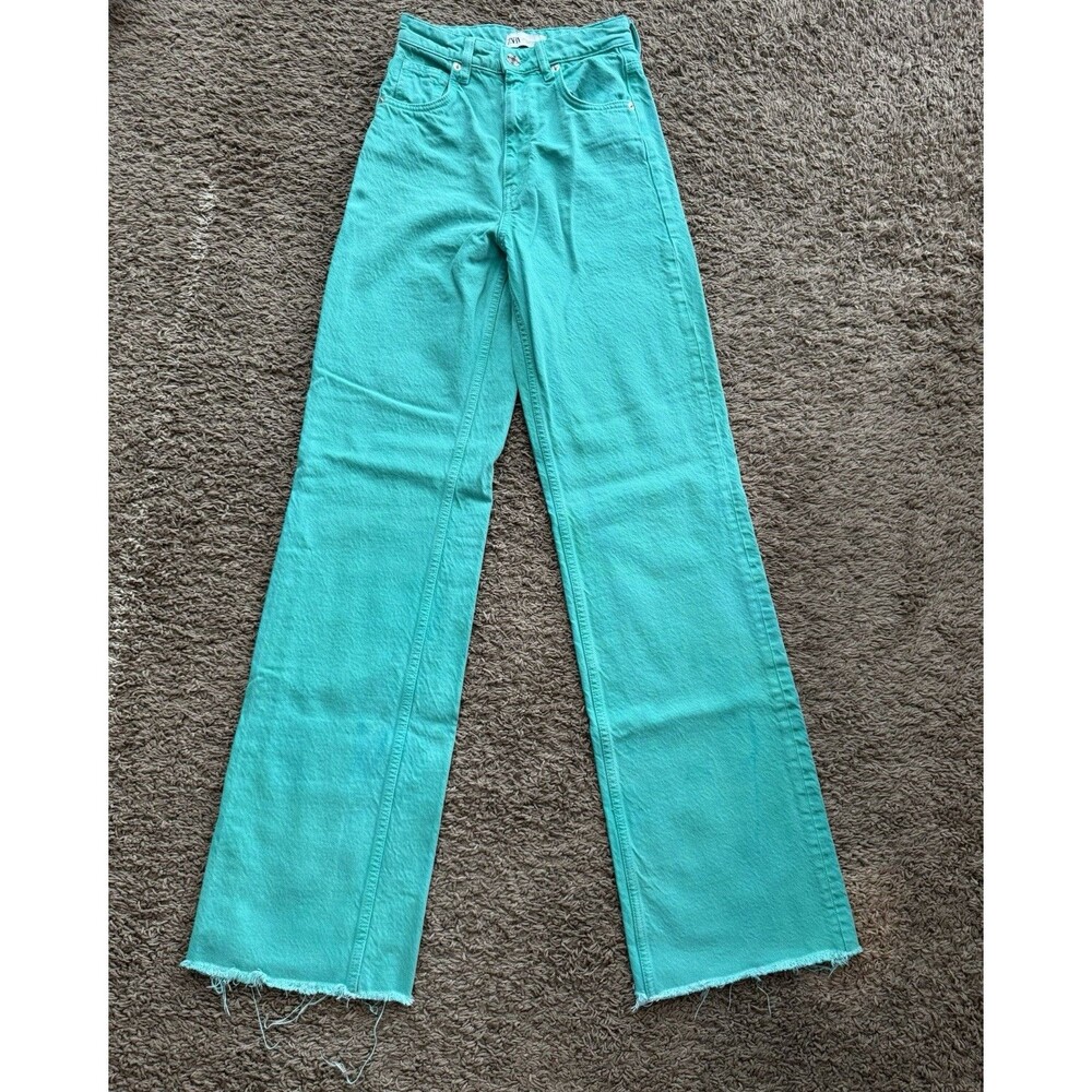 Zara Womens Jeans 0 Bright Green Denim Wide Leg High Rise Zip Fly Fray Hem Long